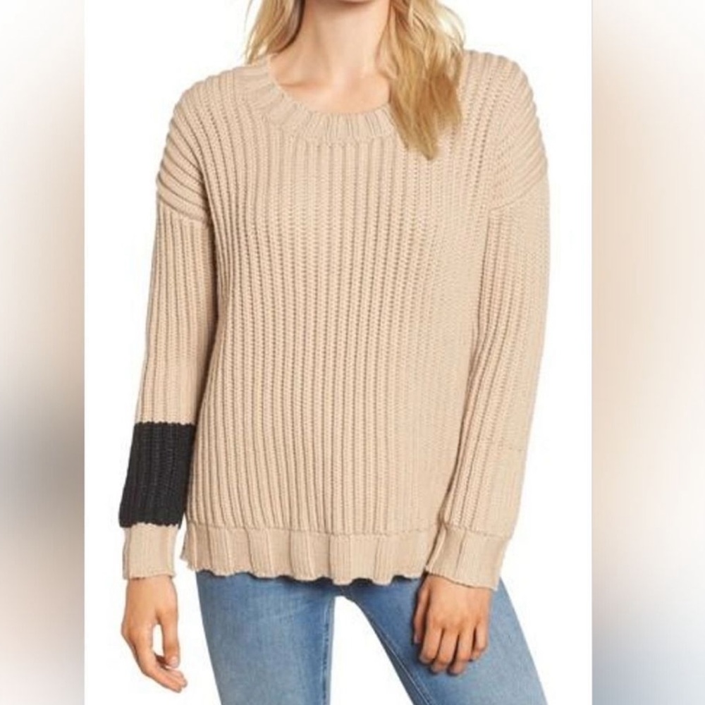 James Perse Chunky Armband Sweater Tan Black 1 Merino Wool Blend Cabin Casual